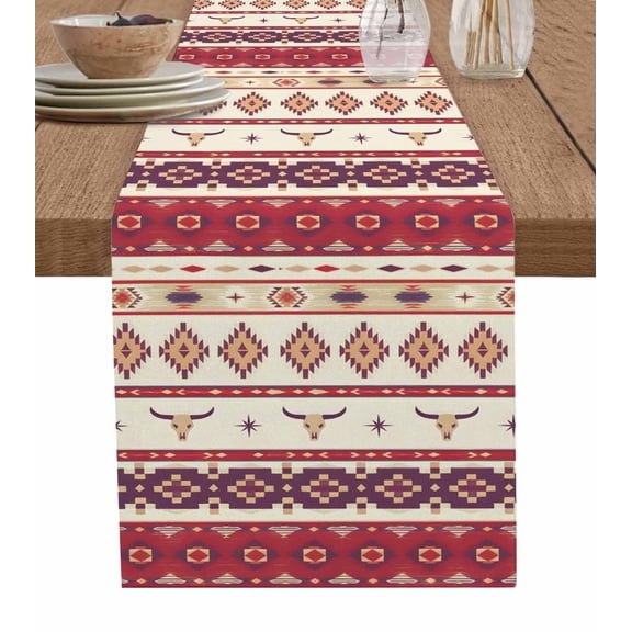 Red Beige Boho Table Runner 72 Inches, Farmhouse Ethnic Tribe Geometric Striped Bed Runner Dresser Scarves Tabletop for Indoor Outdoor Parties/Ceremony/Banquet, 16" x 72"