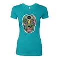 thumbnail image 2 of Day Of The Dead Calavera Skull Colorful Trippy | Womens Pop Culture Slim Fit Junior Tee, Tahiti Blue, Medium, 2 of 4