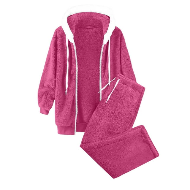 Zhanying Ensemble 2 Pcs pour Femmes Veste à Capuche Doublée en Sherpa avec Poches Rose Vif m