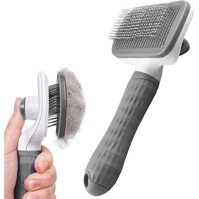 Cepillo para perros, cepillo para gatos, peine de aseo (gris), cepillo autolimpiante y suave para gatos y perros, herramienta de aseo para mascotas con botón de limpieza, herramienta para la muda de p