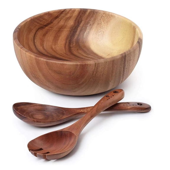 3Pcs/Set Natural Acacia Wooden Large Salad Serving Bowl with Tongs Set, Spoon Fork Included, Premium Handcrafted Wood Bowl and Utensils Set, Great Holiday Gift