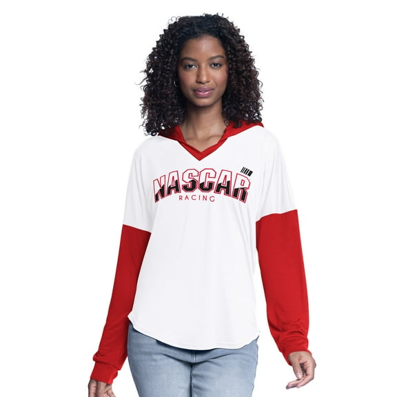 Women's G-III 4Her by Carl Banks  White/Red NASCAR Bench Player Oversized Long Sleeve Hoodie V-Neck T-Shirt