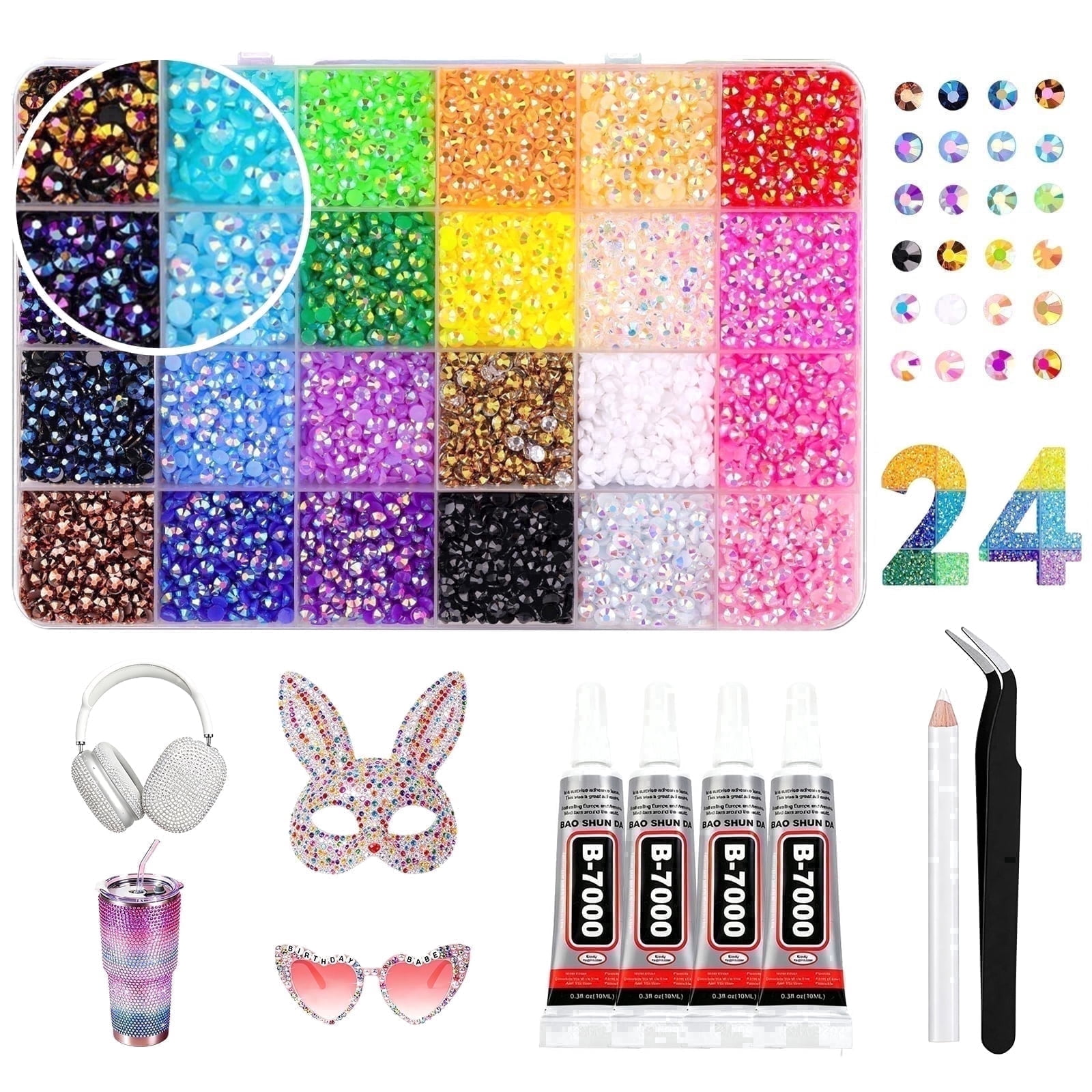 24 Colors Resin Rhinestones for Bedazzling Kit,24000 PCS Multicolor 3mm Flatback Gems,Jelly Rhinestone Bedazzled Kits with 4 B7000 Glue for Crafts,Diy Bedazzle Bedazzler Kit for Diamond Art Nail Art