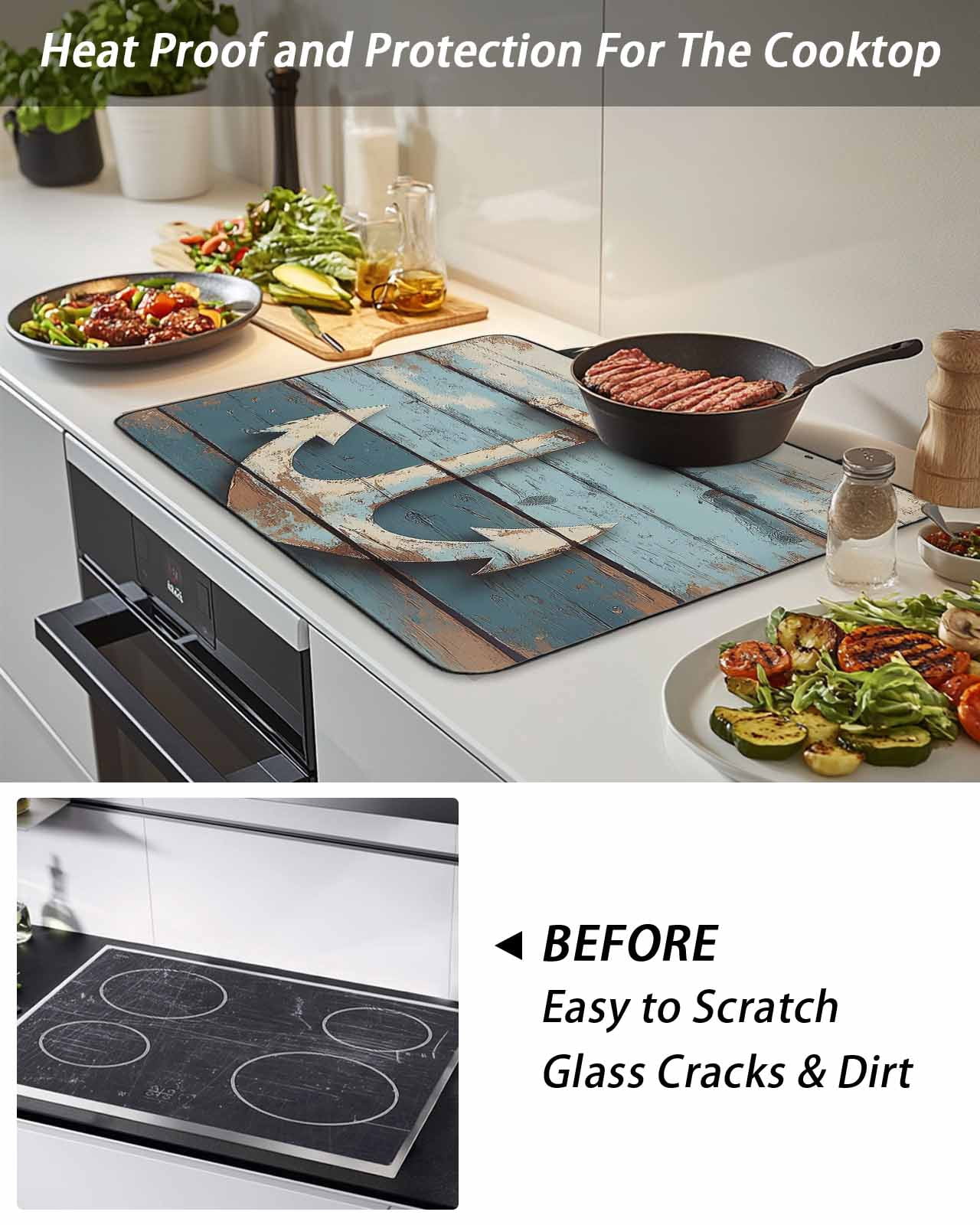 Nautical Anchor Stove Top Covers for Electric Stove, 28'x20'' Vintage Style Blue Wood Grain Glass Ceramic Stove Cover Foldable Rubber Mat Heat Resistant Cooktop Protector for Kitchen