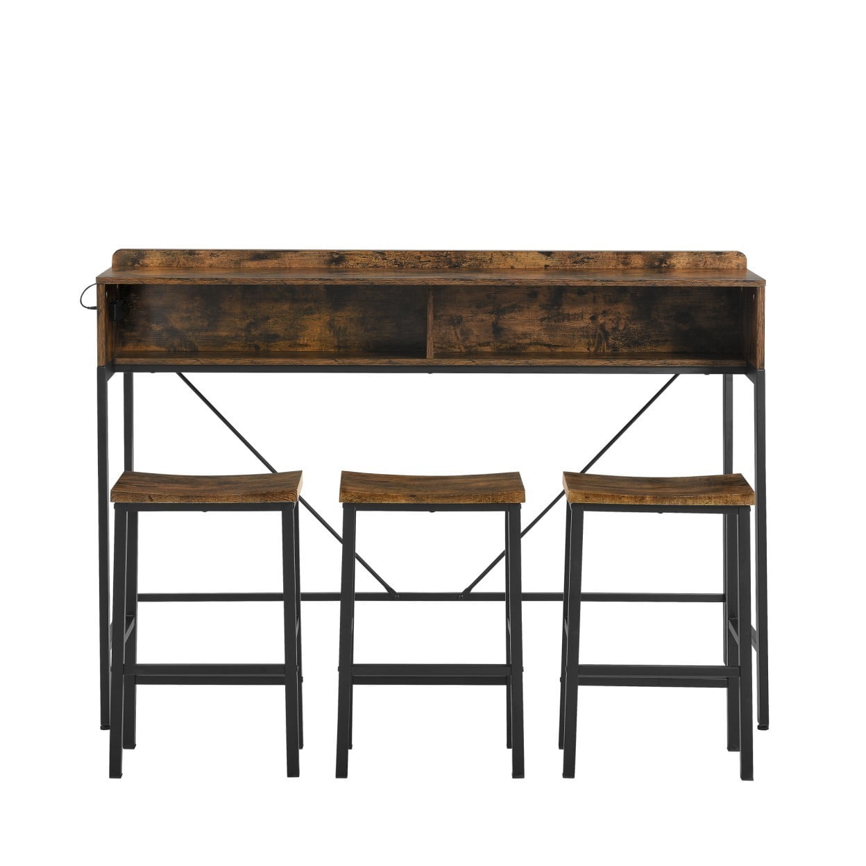 4 Piece Bar Table Set with 3 Saddle Stools, 59" Sofa Table with LED Lights and Charging Station, Counter Height Dining Table for Kitchen, Living Room, Home Bar, Brown