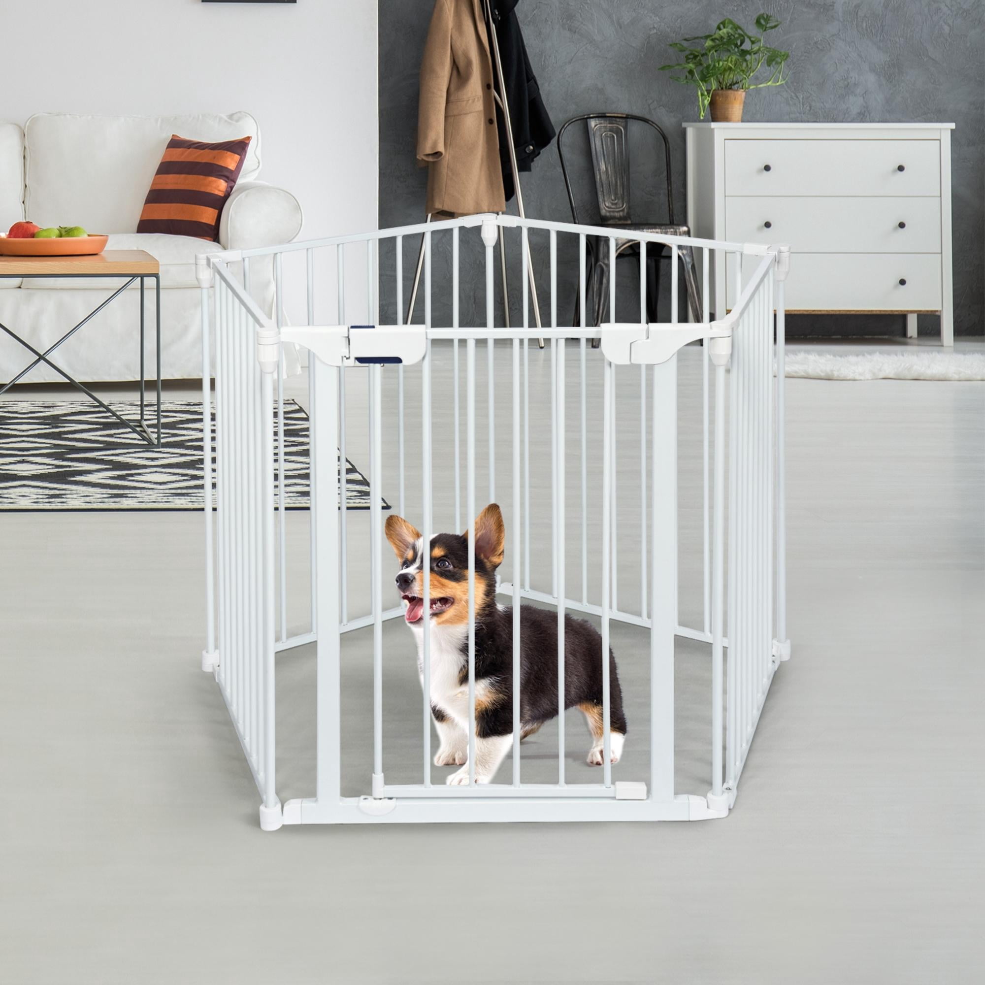 5 Panel Adjustable Metal Fireplace Fence, 115 Inch Length, White, Walk-Through Door, Safety Lock