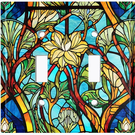 Metal Light Switch Wall Plate Outlet Cover (Printed Image of Stained Glass Flowers - Double Toggle)