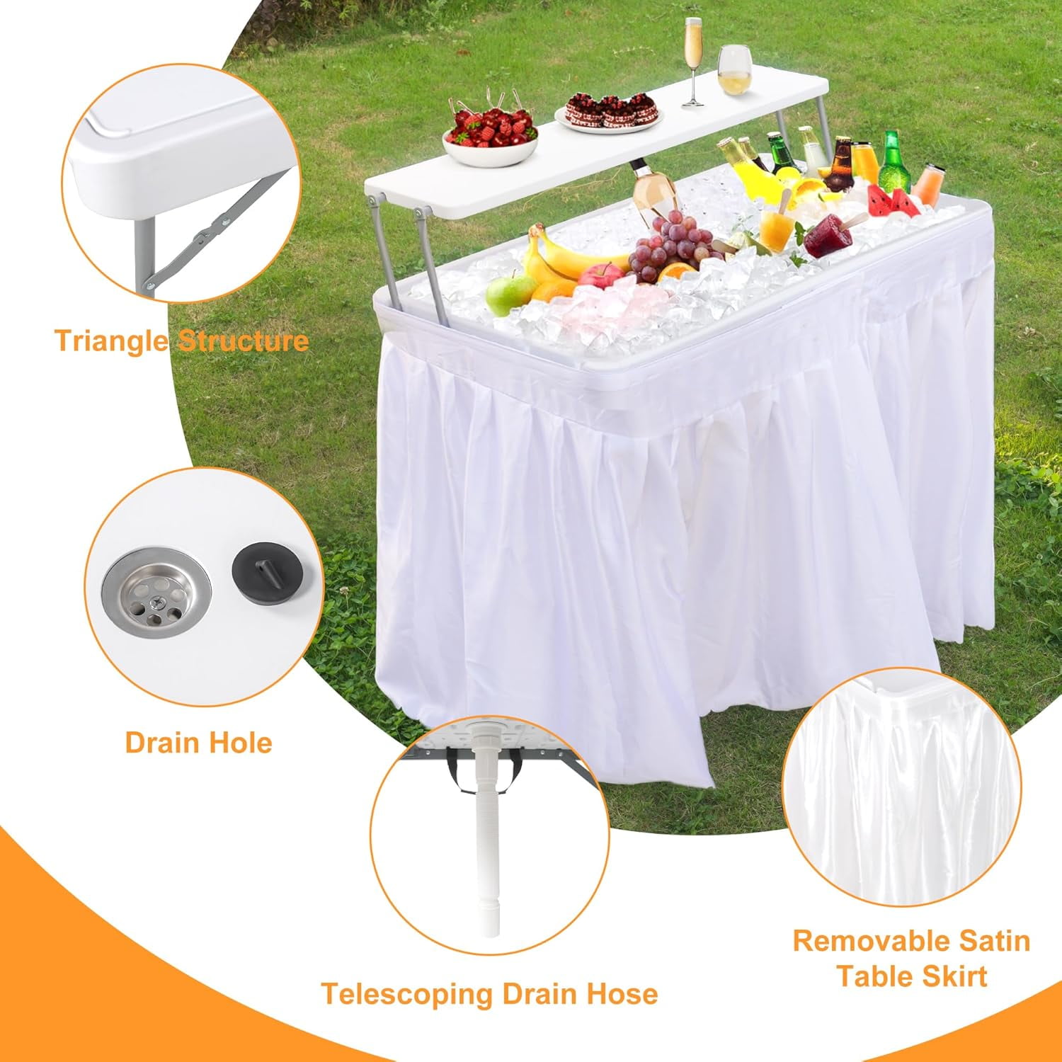 2 Tiers Outdoor Folding Ice Cooler Table with Matching Skirt, Portable Party Table with Grid Rack & Drain Hose for Patio Picnic Camping Wedding, White