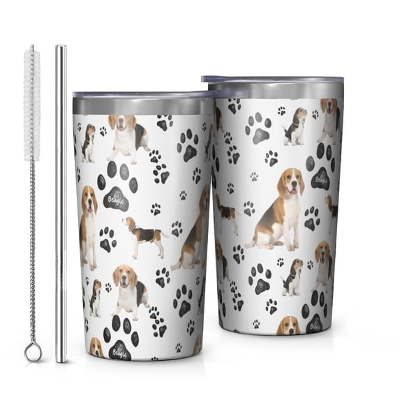 Beagle Dog and Footprints 10oz Tumblers Stainless Steel Tumbler with Lid and Straw,Vacuum Insulated Double Wall Travel Tumbler Cups with Cleaning Brush for Coffee, Tea