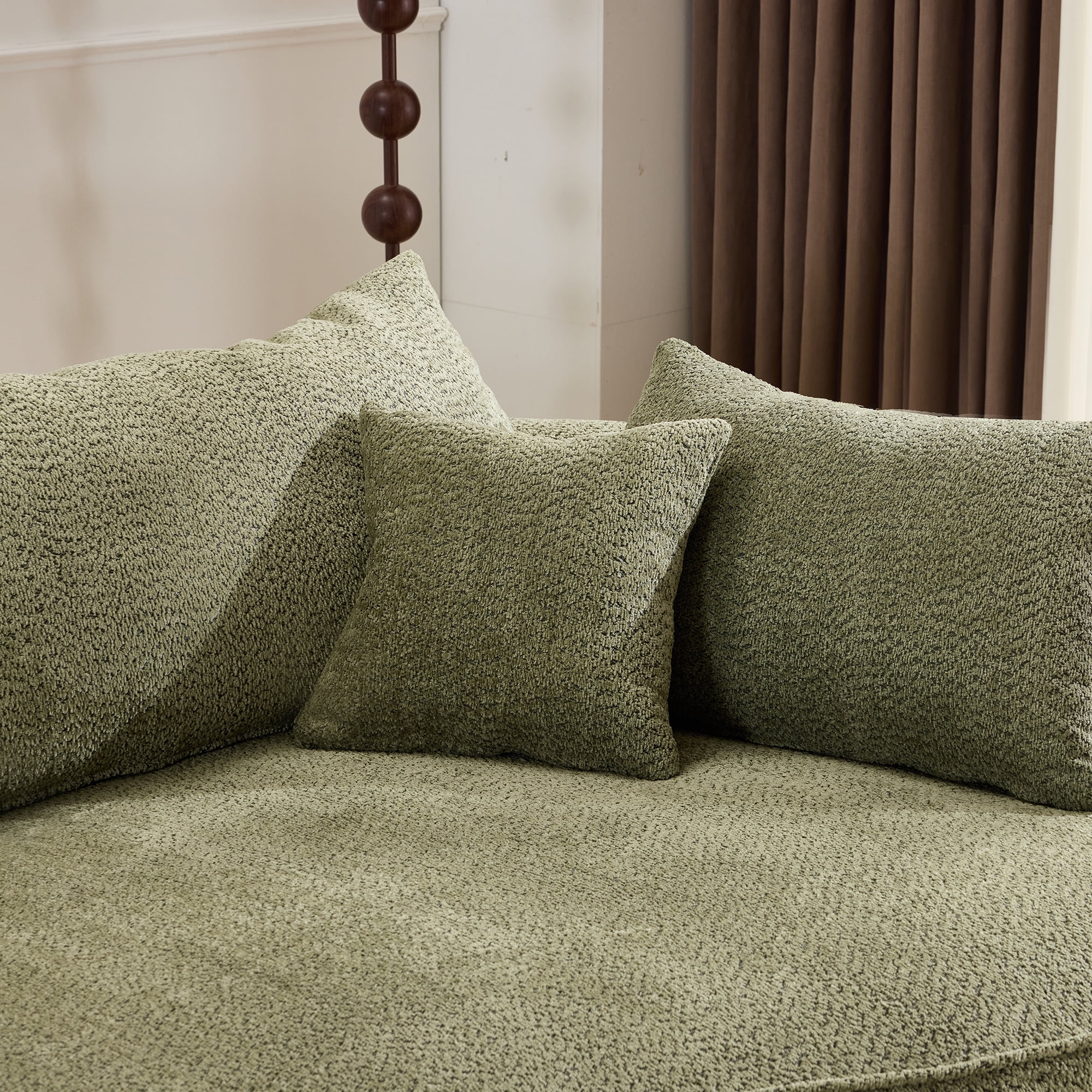 Curved Boneless Sofa, Modern Chenille Fabric Sectional Sofa with 3 Back and 4 Throw Pillows, High-Resilience Sponge Support and Ergonomic Design, 124.5 Inch Large Capacity Sofa for Living Room, Green