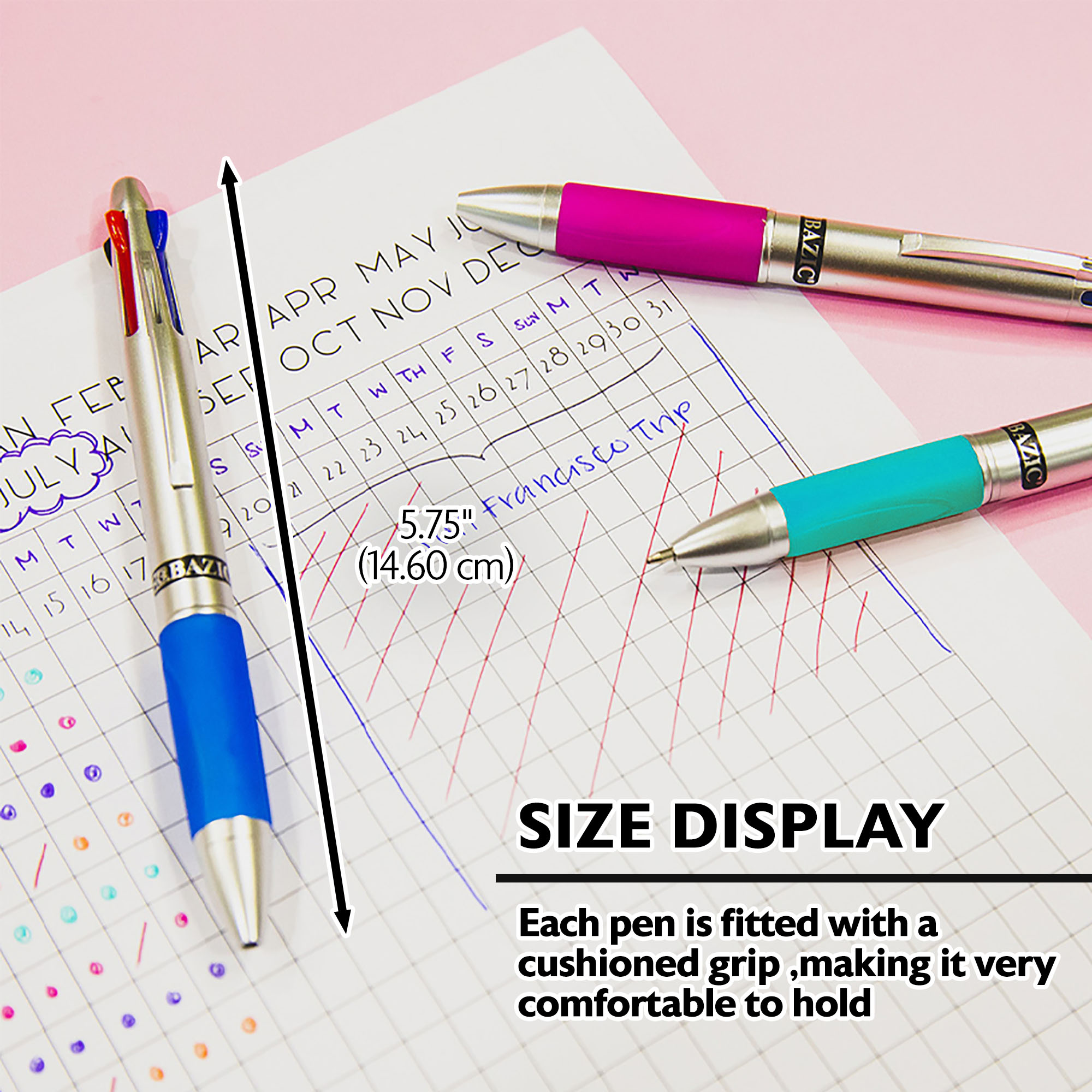 BAZIC Ballpoint 4-Color Retractable Pen Soft Grip, 1.0mm, (2/Pack), 24-Pack