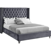 Homestock Gothic Grace Modern Contemporary Velvet Upholstered Bed with Deep Button Tufting, Solid Wood Frame, and Custom Chrome Legs-Color:Grey,Size:King