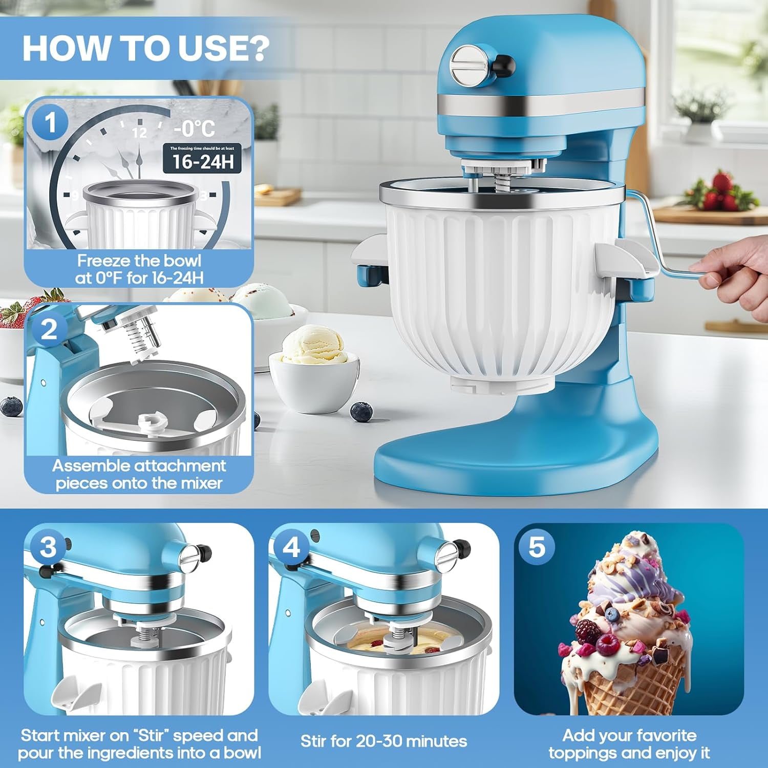 Ice Cream Maker Attachment for KitchenAid - Upgraded Leak-Proof Design, 2 Quart Bowl Compatible with 4.5QT to 7QT Models,Homemade Sorbet Gelato,Yogurt & Ice Cream attachment for Kitchen aid