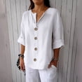 thumbnail image 2 of Ruimatai Women's V-Neck 3/4 Sleeve Button Up Shirt Loose Fit Cotton Linen Blend Top Comfortable Casual Blouse Solid Color Tunic, 2 of 5