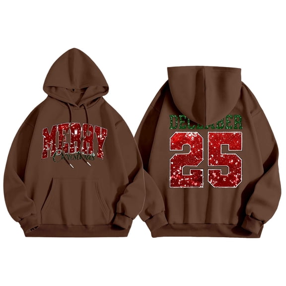Arlun Christmas Hooded Sweatshirts for Women Merry Xmas Letter Print Hoodies Oversized Long Sleeve Drop Shoulder Drawstring Pullover Tops Winter Fall Fashion Festival Clothes Brown S