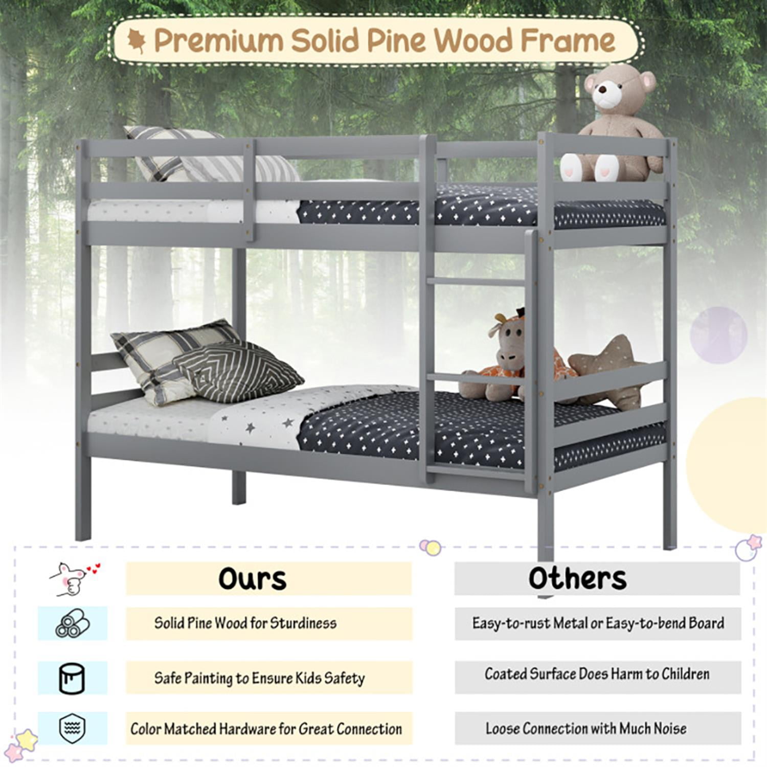 Demi Bonn Twin Size Over Wood Bunk Bed with Ladder and Safety Rail, Twin Sturdy Bunk Beds, Gray