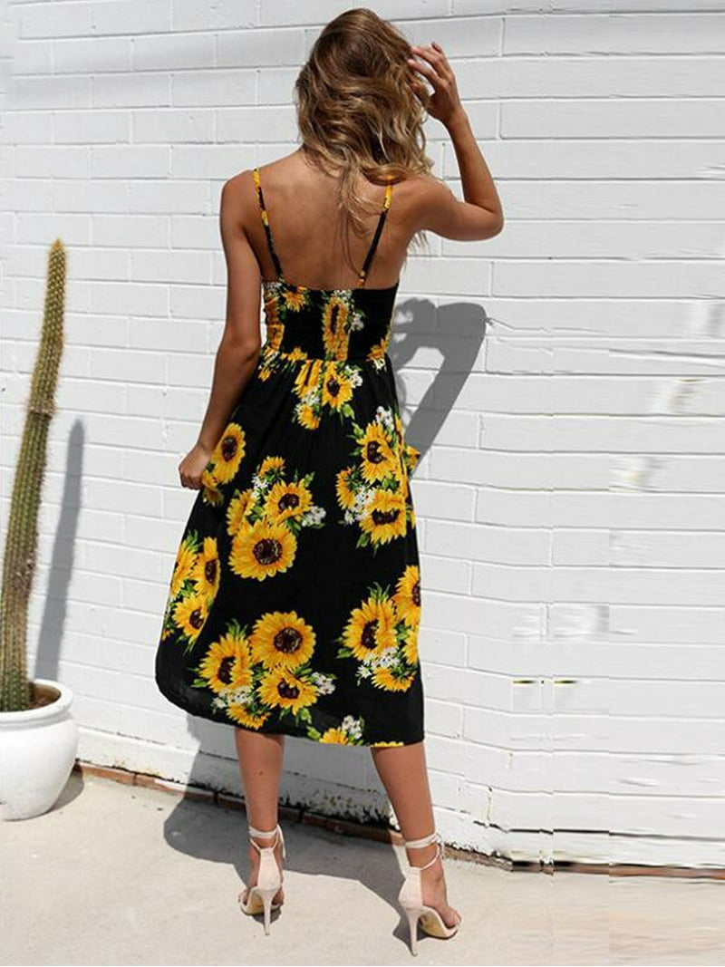 Feinuhan Womens Sunflower Print Dress Spaghetti Strap Floral