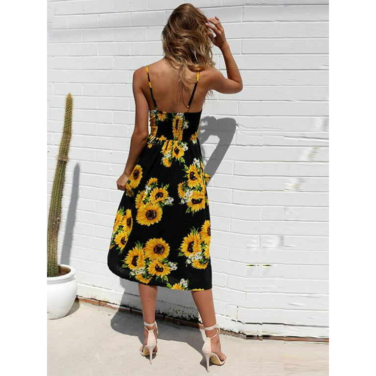 Feinuhan Womens Sunflower Print Dress Spaghetti Strap Floral