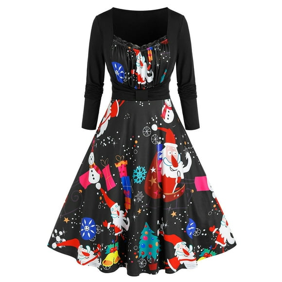 Más el tamaño de Santa Claus muñeco de nieve Alineada de la impresión Rosegal Vestidos casuales de talla grande