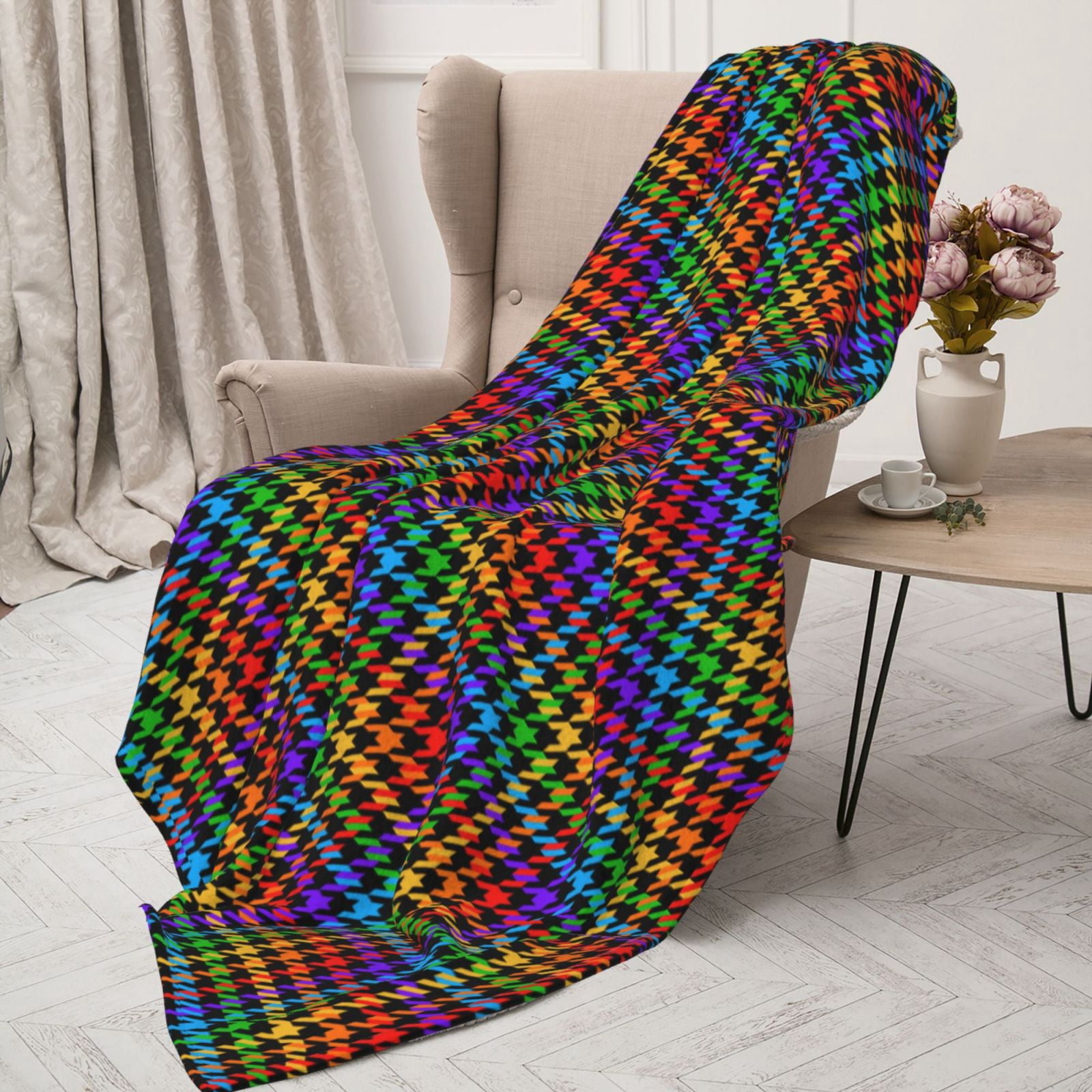Hirioo Rainbow Houndstooth for Flannel Blanket, Cozy and Warm Throw for Bed or Couch ,Perfect for All Seasons-80"x60"