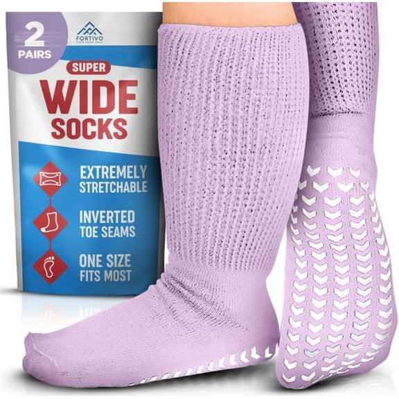 2 Pairs Extra Wide Socks For Swollen Feet, Non-Slip Hospital and Diabetic Socks for Men and Women