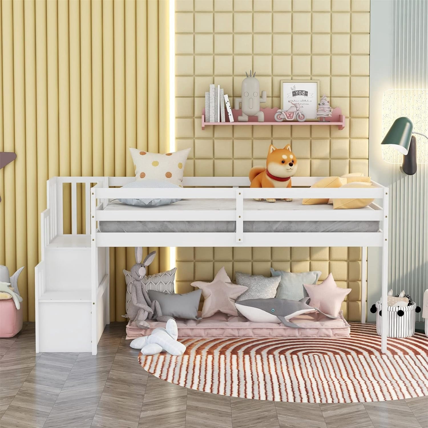 Gewnee Wood Twin Low Loft Bed with Storage Staircase and Safety Guardrails for Kids,White