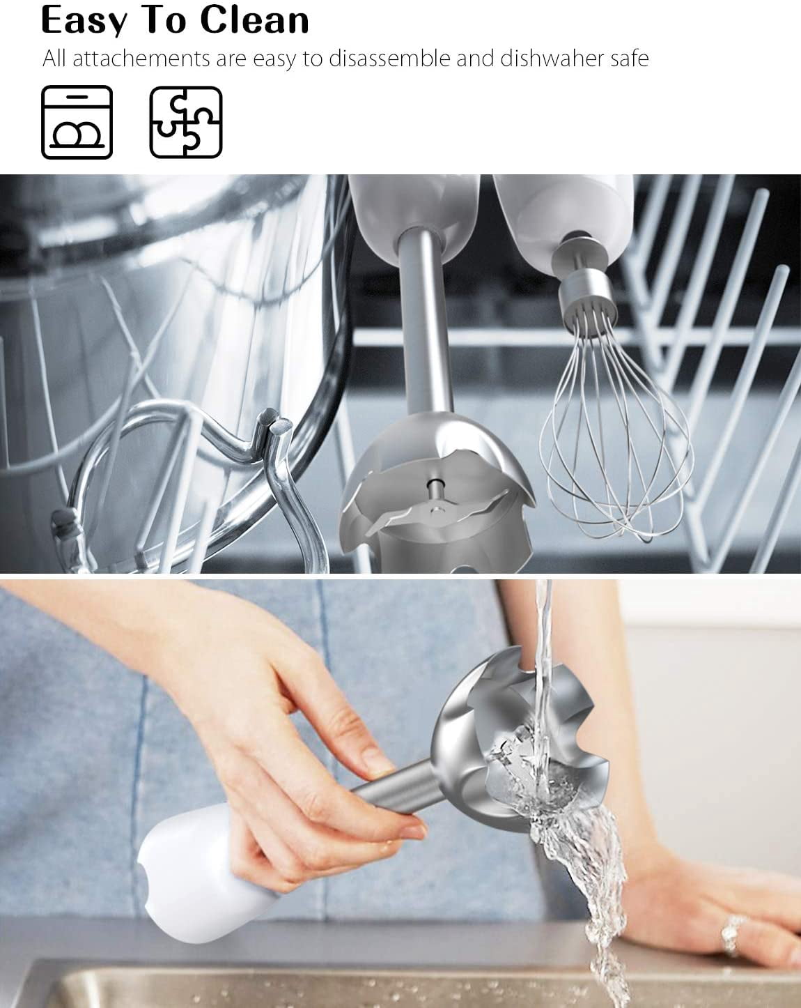 2 in 1 Handheld Blender + Whisk 6-Speed Dishwasher Safe BPA-free Anti-Splash Blades