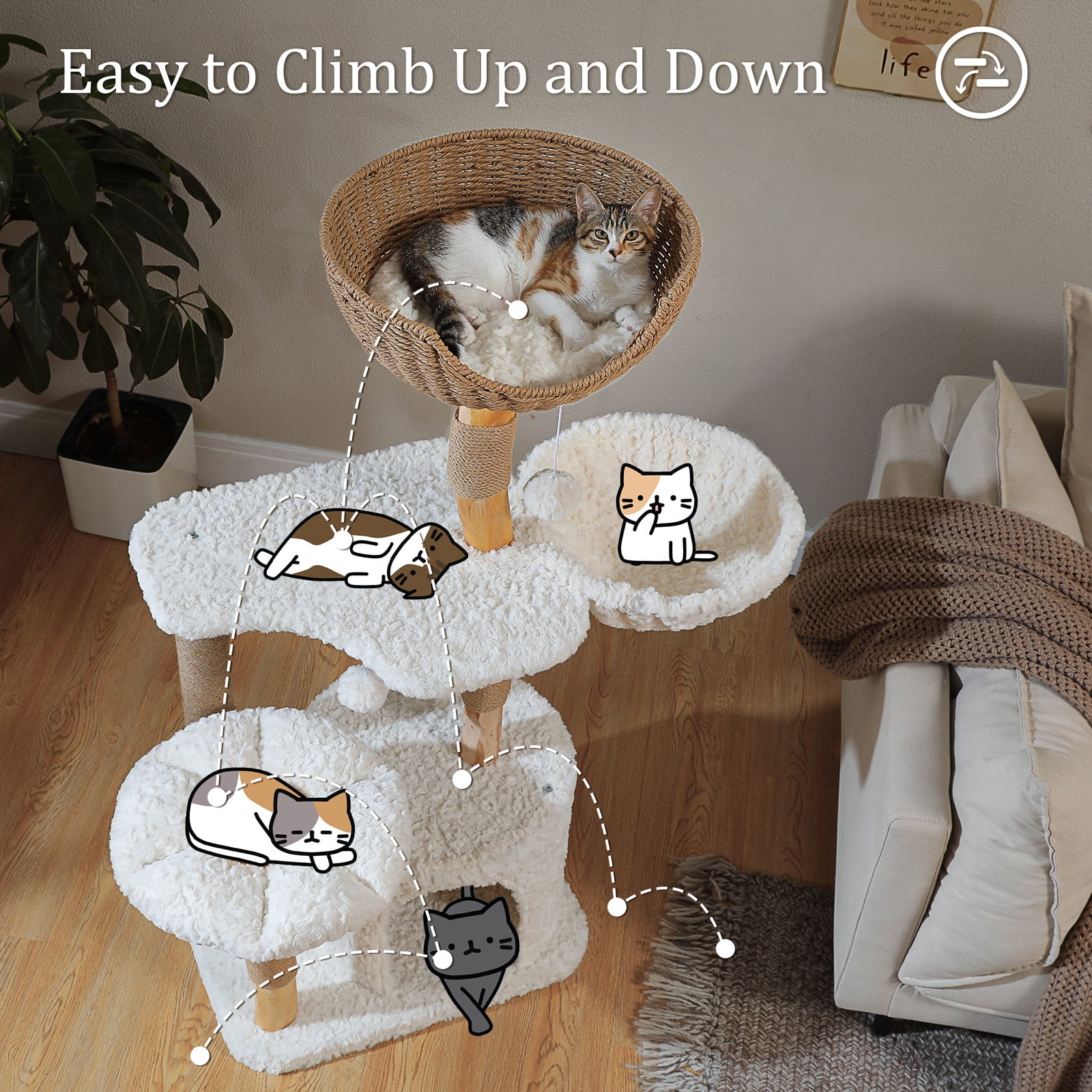 Pefilos 48'' Wood Cat Tree Tower for Indoor Cats with Cat Condo, Hammock, Scratching Post, Rattan Perch and Flower Cat Bed, White