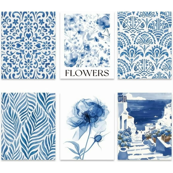 6 Pcs Affiches Murales Côtières Bleues Impressions d'Art Mural Bleu Blanc Affiches Esthétiques d'Art Mural Images Bleu Clair Décoration Murale pour Chambre Galerie Décoration de la Maison (8x10 Pouces Sans Cadre)