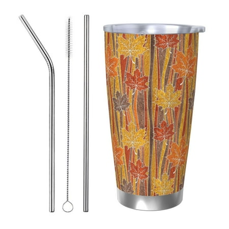 

KLL Autumn Maple Leaf Stripes Print 40oz Stainless Steel Insulated Car Cup with Spillproof Lid - Keep Your Drink Hot or Cold on the Go-Straw Three-piece Set