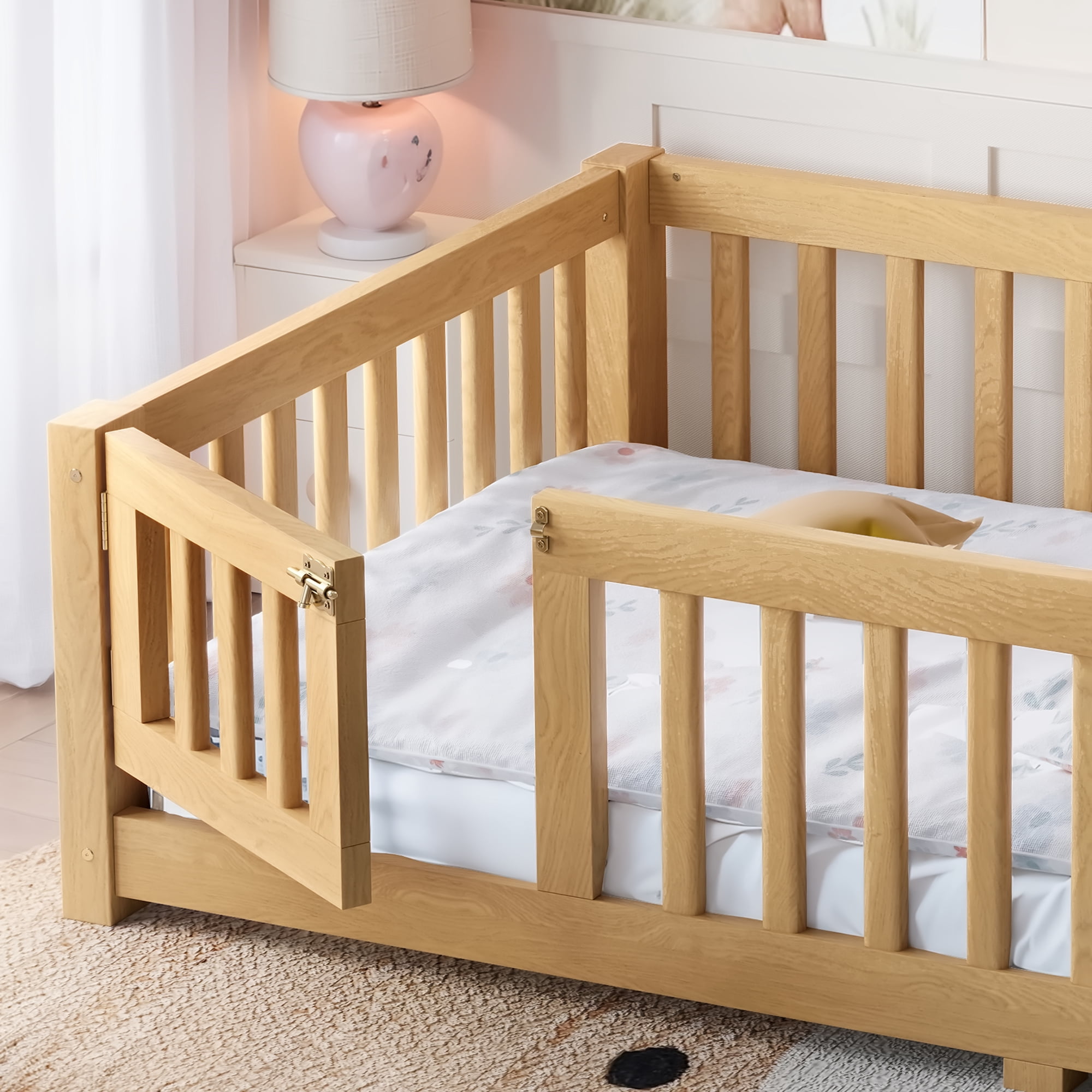 Twin Floor Bed 77.5 Inch, Solid Wood Bed Frame with Safety Guardrails and Door, Low Profile Montessori Bed for Kids Bedroom, Natural