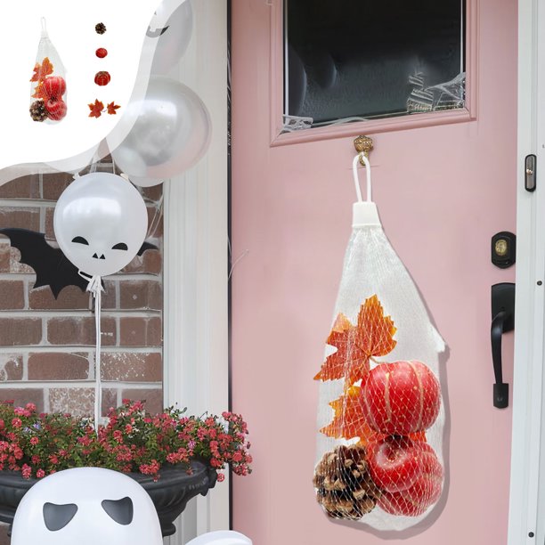 Set de decoración de Halloween de calabaza de simulación | Piñas de pino de arce de plástico | Rojo, Verde Amarillo, centro de mesa de otoño de 20 cm | Adorno de bolsillo de malla de utilería con