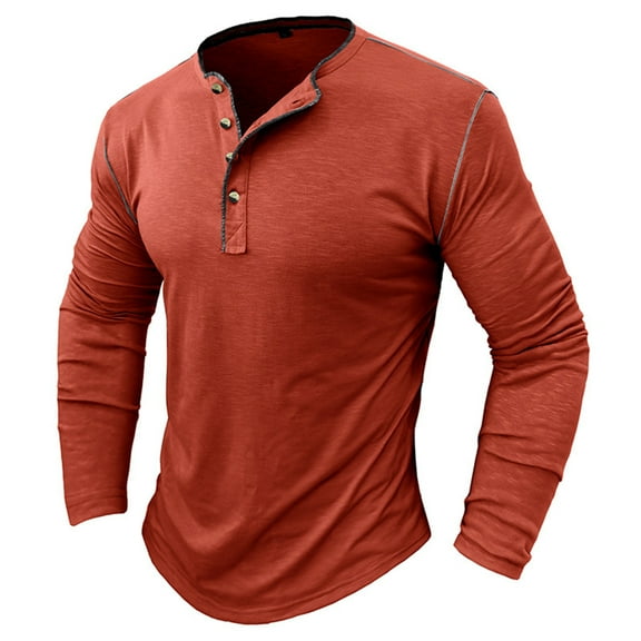 Dagegui Men's Henley Shirts Cotton Crew Neck Buttons Long Sleeve Tops Slim Fit Athletic Pullover Gym Workout Muscle Tee Red S