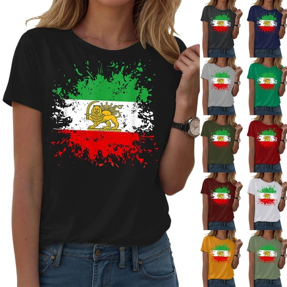 GEWSEY Women's Lion Sword Sun Iran Flag Crew Neck Short Sleeve Cotton T-Shirt (Light Gray, S)