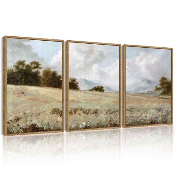 Drsoum Vintage Landscape Wall Art Grassland Classic Wall Prints Farmhouse Office Decor Farmhouse Bedroom 12x16in3pcs Brown Framed
