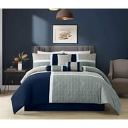 Chezmoi Collection 7-Piece Medallion Patchwork Comforter Set, Queen, Navy/Blue/Gray