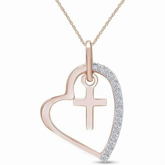 Real 925 Sterling Silver 14K Rose Gold Plated Round Cut Cross With Heart Pendant Necklace For Women