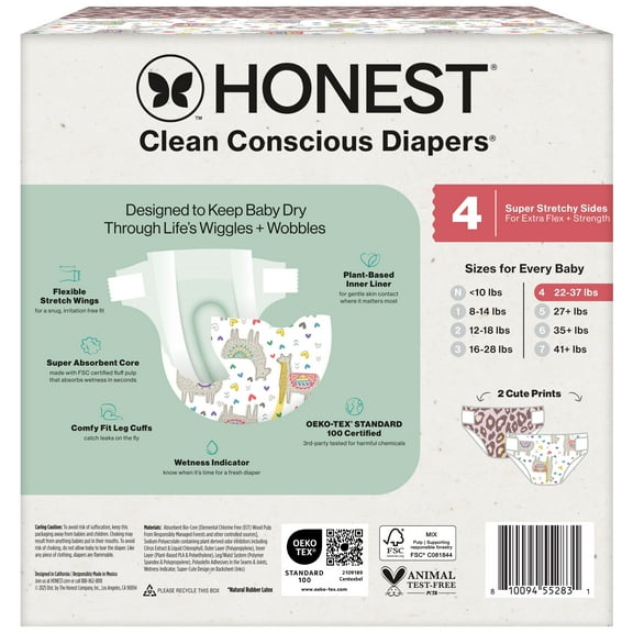 The Honest Company Clean Conscious Diapers® Up to 100% Leak Protection Designed to Protect Delicate Skin Hypoallergenic + Fragrance Free Wild Thang + All the Alpacas, Size 4, 54 Count