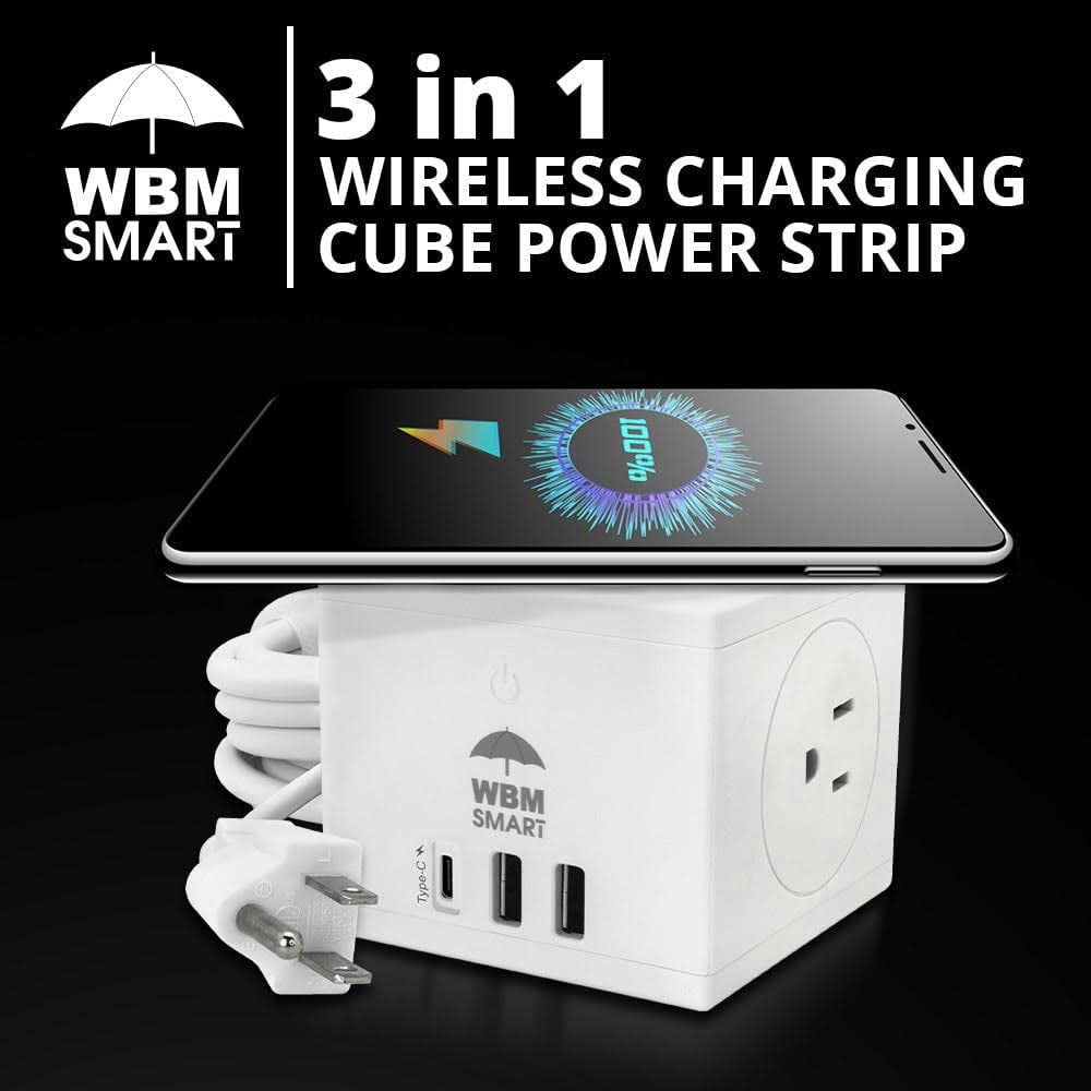 WBM Power Strip Cube, Wireless Charge with 2 AC Outlets, 2 USB Ports & 1 Type C Plug, White