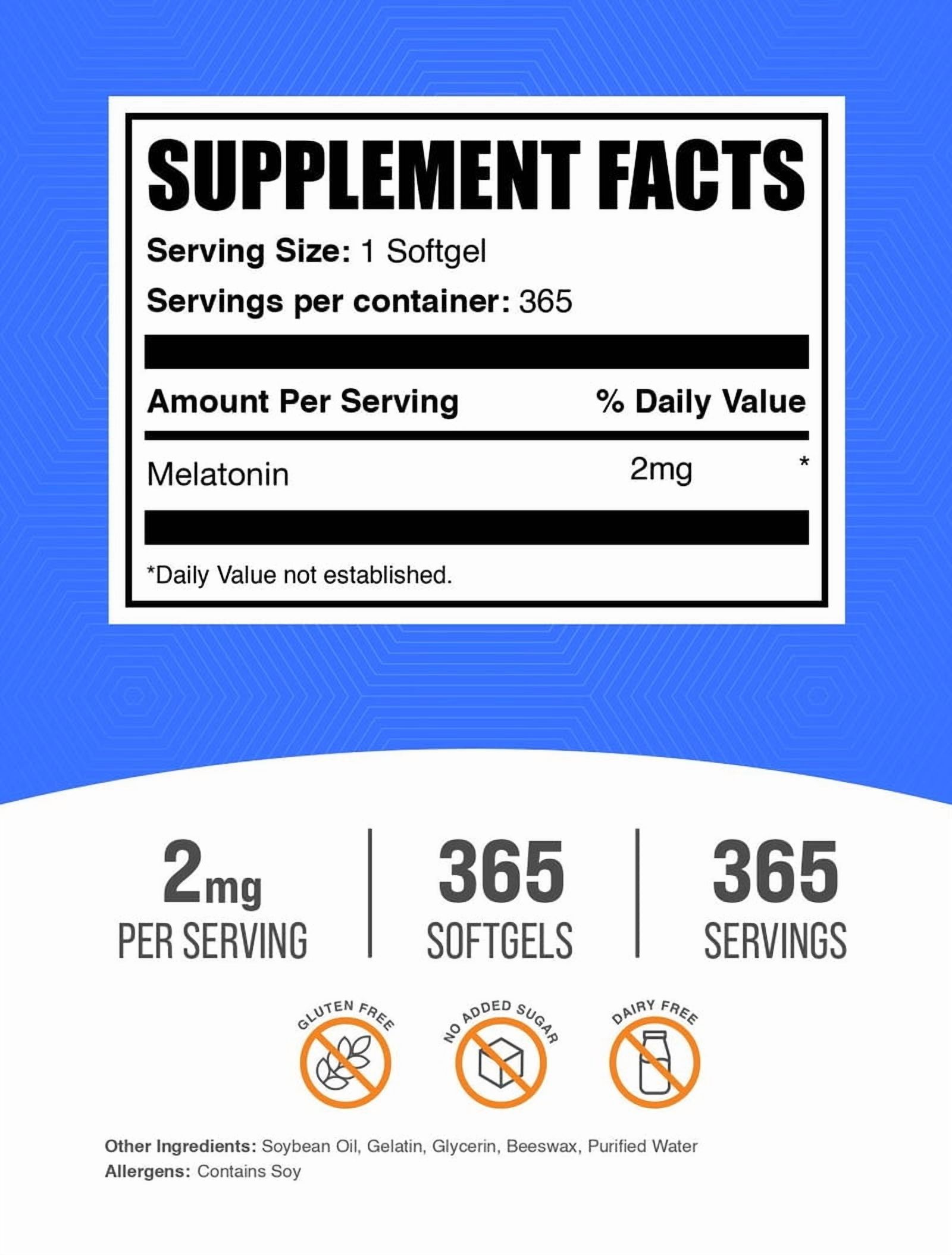 BulkSupplements Melatonin 2mg Softgels - Melatonin Supplement, for Sleep Support - 1 Softgel per Serving (2mg), 365 Count