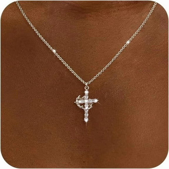 DanceeMangoos Crown Cross Necklace for women-Dainty Sterling Silver/Gold Cubic Zirconia Pendant Necklaces Simple Gold Cross Pendant Necklace Cute Tiny Gold Jewelry