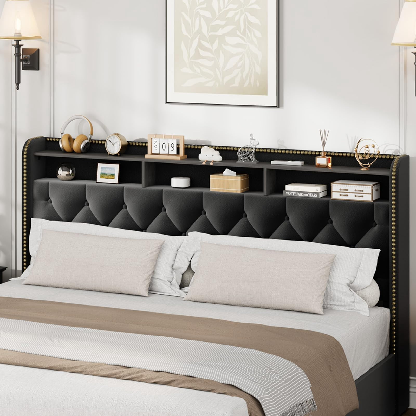 Towallmark Queen Size Bed Frame with Upholstered Headboard 2-Tier Shelf, Black Velvet Tufted Platform Bedframe with 4 Storage Drawers, Wooden Slats Support, No Box Spring Needed