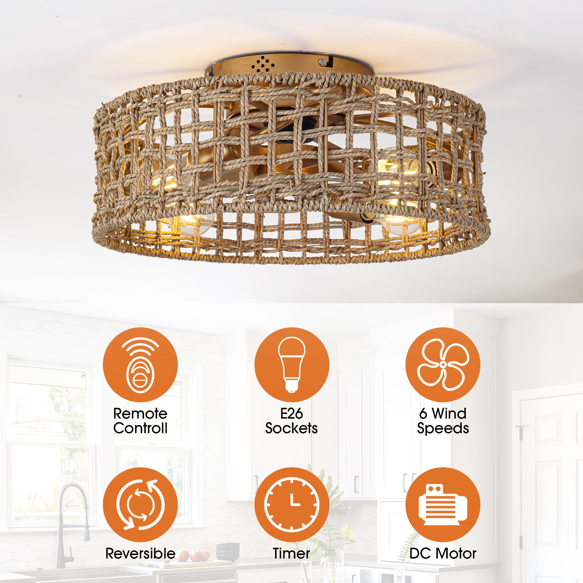 Parrot Uncle Bohemia 18" Brown Straw-Rope 4-Light Flush Mount Ceiling Fan with Remote and APP Control