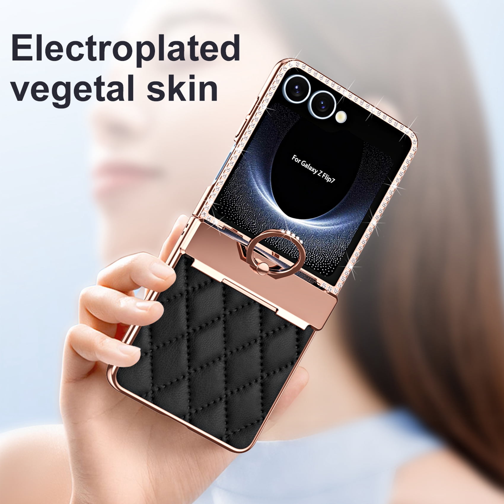 for Samsung Galaxy Z Flip 7 Case Hinge Protection with Finger Ring Holder, Premium PU Leather Hybrid PC All-Inclusive Diamond Bling Phone Case for Samsung Galaxy Z Flip 7 5G, Black