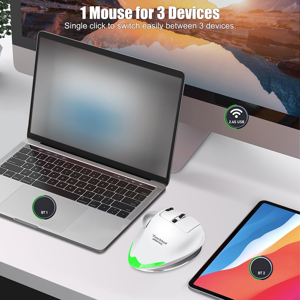 Bluetooth Trackball Mouse Ergonomic Rollerball 2.4G Wireless Mouse Programmable Buttons Thumb Control Mice Rechargeable Optical Mouse for 3 Devices
