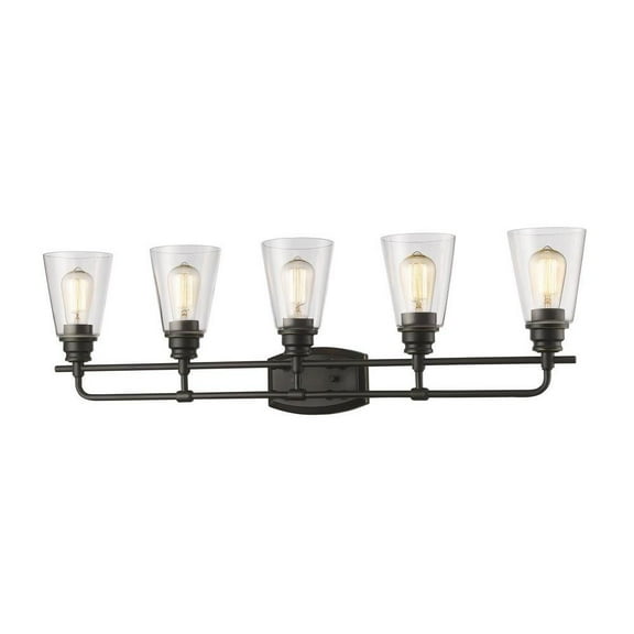 5 Light Utilitarian Steel Vanity Light Fixture with Cone Clear Glass-10.75 inches H By 36.75 inches W-Olde Bronze Finish Bailey Street Home