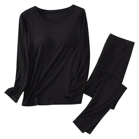 Jamicy Ladies Pajamas Sets Clearance Built-In Bra T-Shirt Padded with Pants Pajama Solid Color Round Neck Underwear Shirt Long Sleeve Pajamas Set