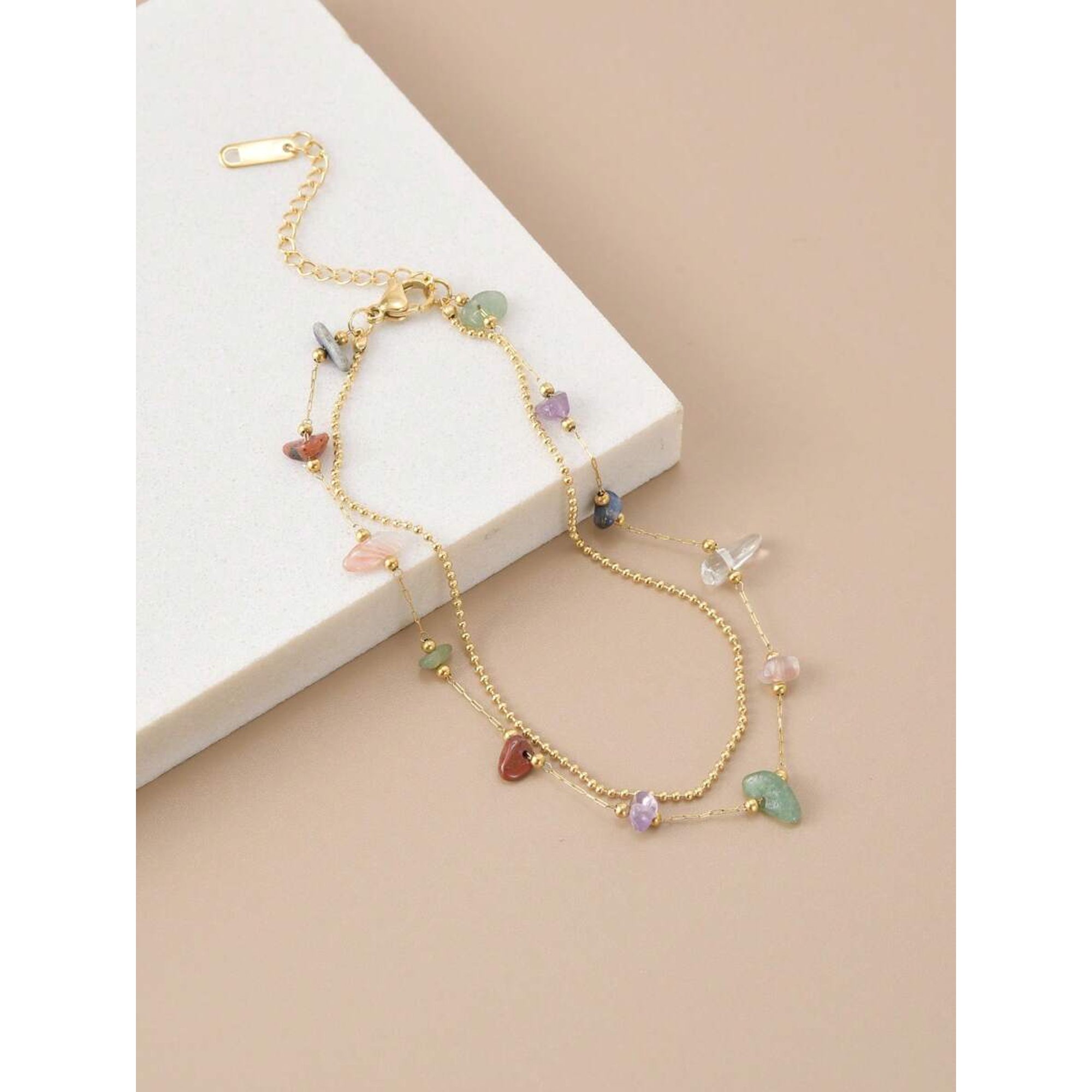 Double Strand Multicolor Stone Anklet in Yellow Gold-3 Finish
