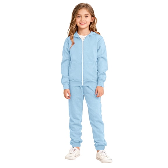 lnmuld Girls Outfits Two Piece Solid Color Girls Long Sleeve Zip Up Hooded Jogger Set Soft Casual Winter Athletic Playground Sportswear Comfy Tracksuit for Toddler Youth Size:3-4 Years