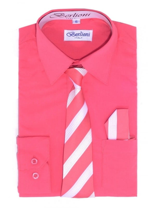 Berlioni Kids Boys Long Sleeve Dress Shirt With Tie and Hanky Coral
